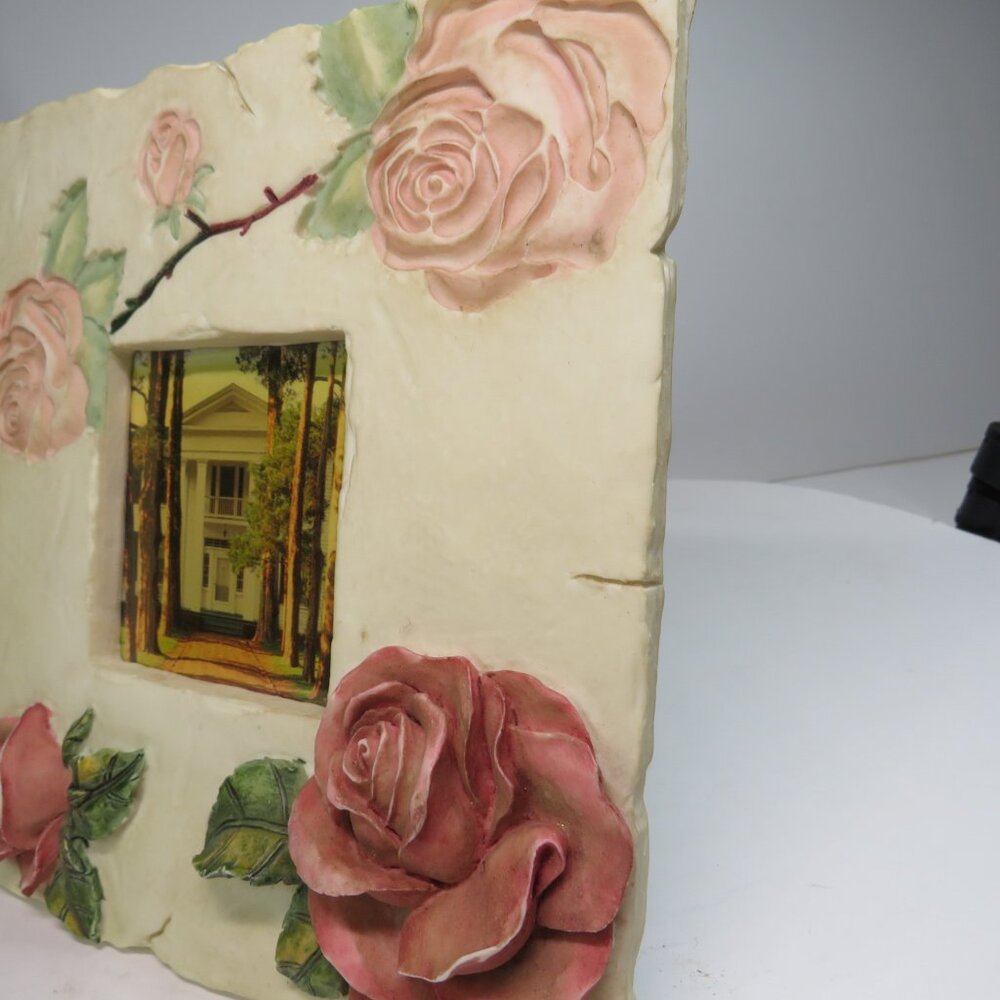 Rose Ceramic Tile Picture Frame Embossed & Engraved Rustic - Picture 9 of 15